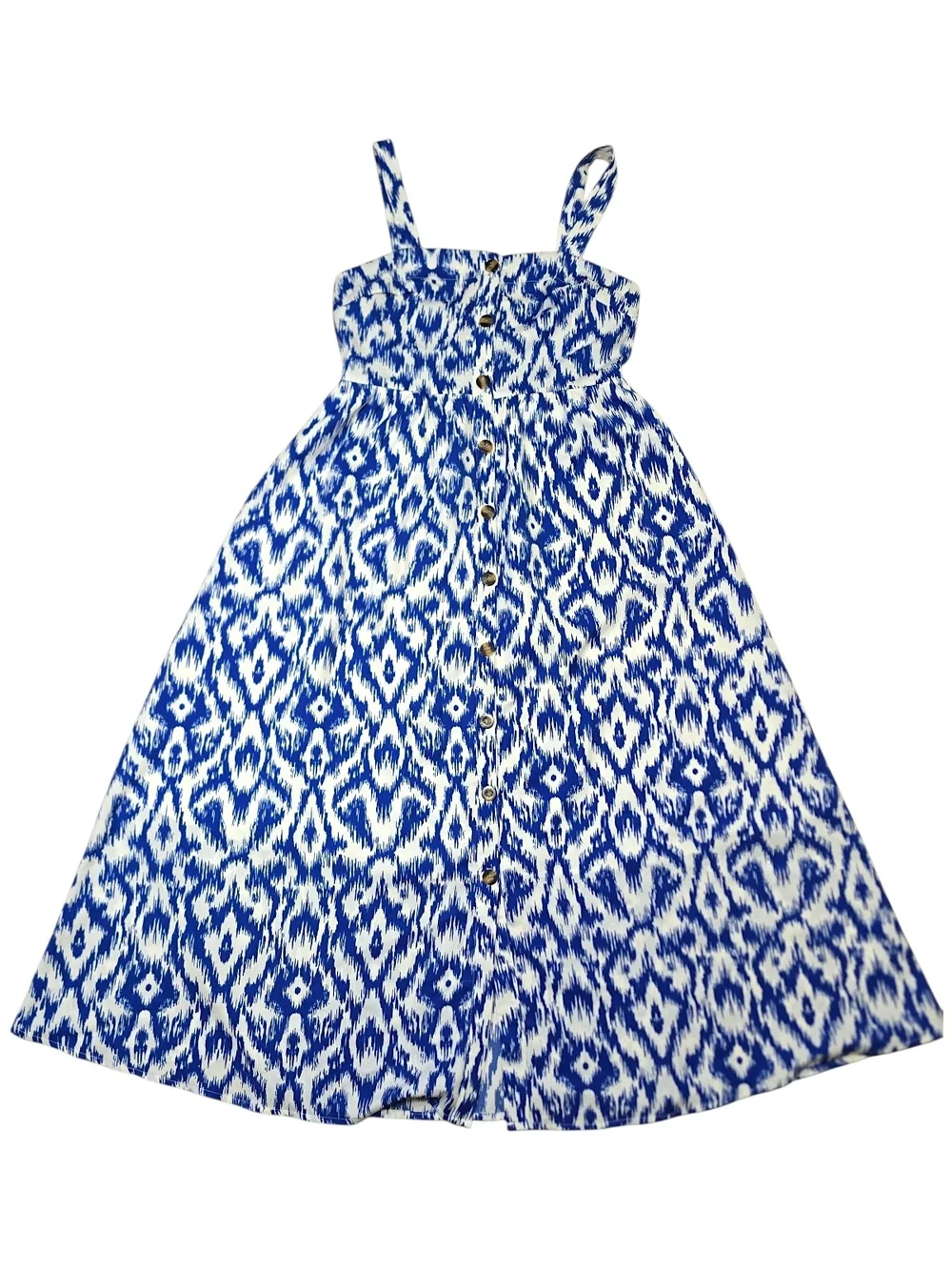 Cupshe Ruffle My Feathers Blue White Geo Print Button Front Maxi Dress Small